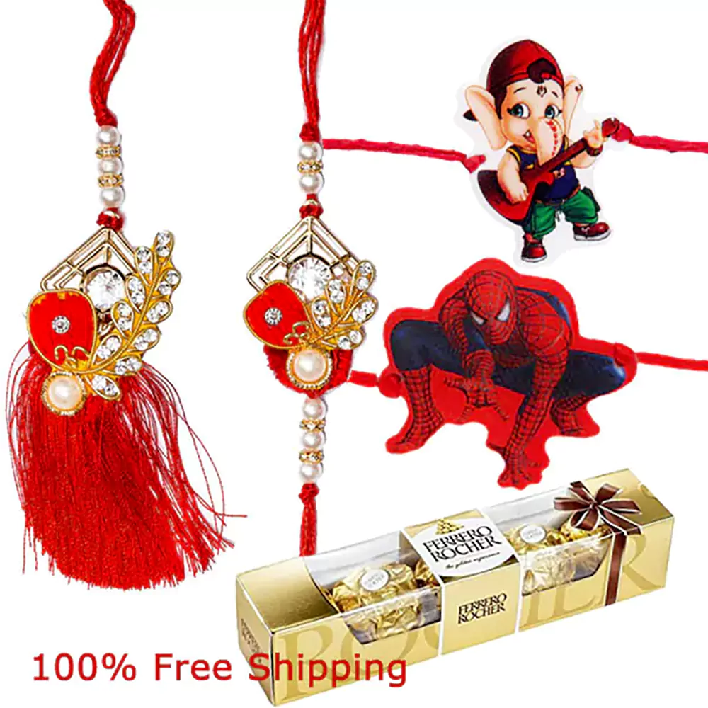 3 pcs ferrero rocher chocolate with 1 family rakhi set