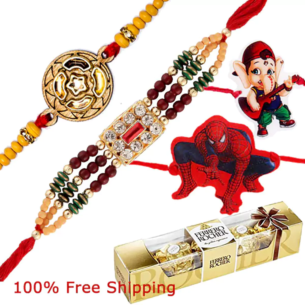 3 pcs ferrero rocher chocolate with 4 rakhis