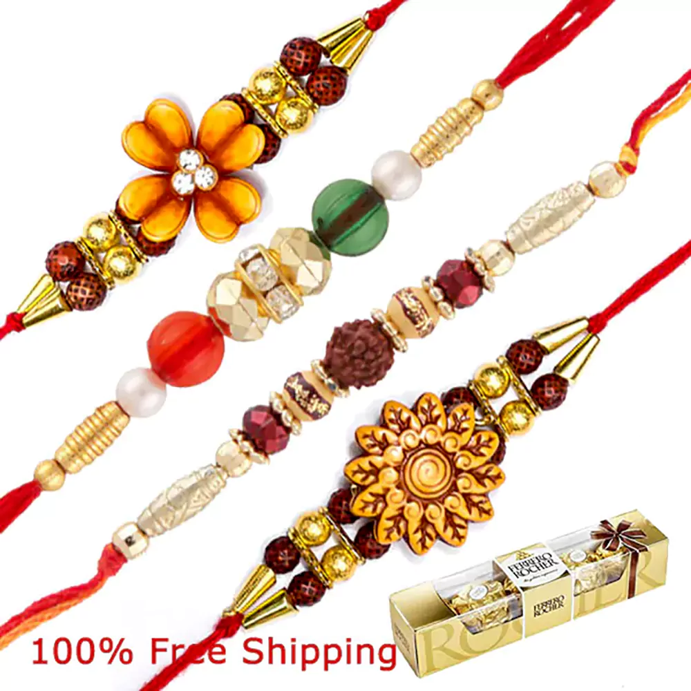 3 pcs ferrero rocher chocolate with 4 beautiful rakhis