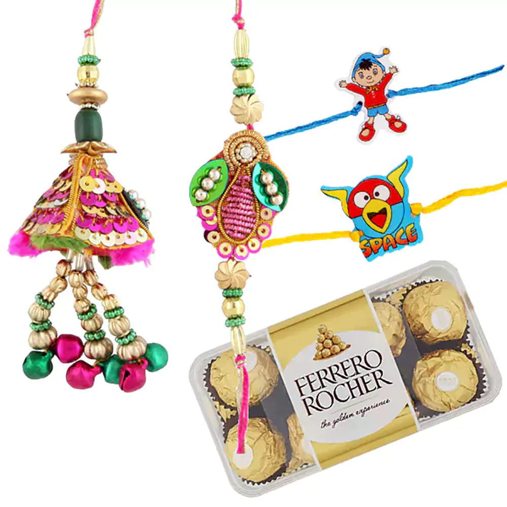 16 pc ferrero rocher with 2 kids and bhaiya bhabhi rakhi