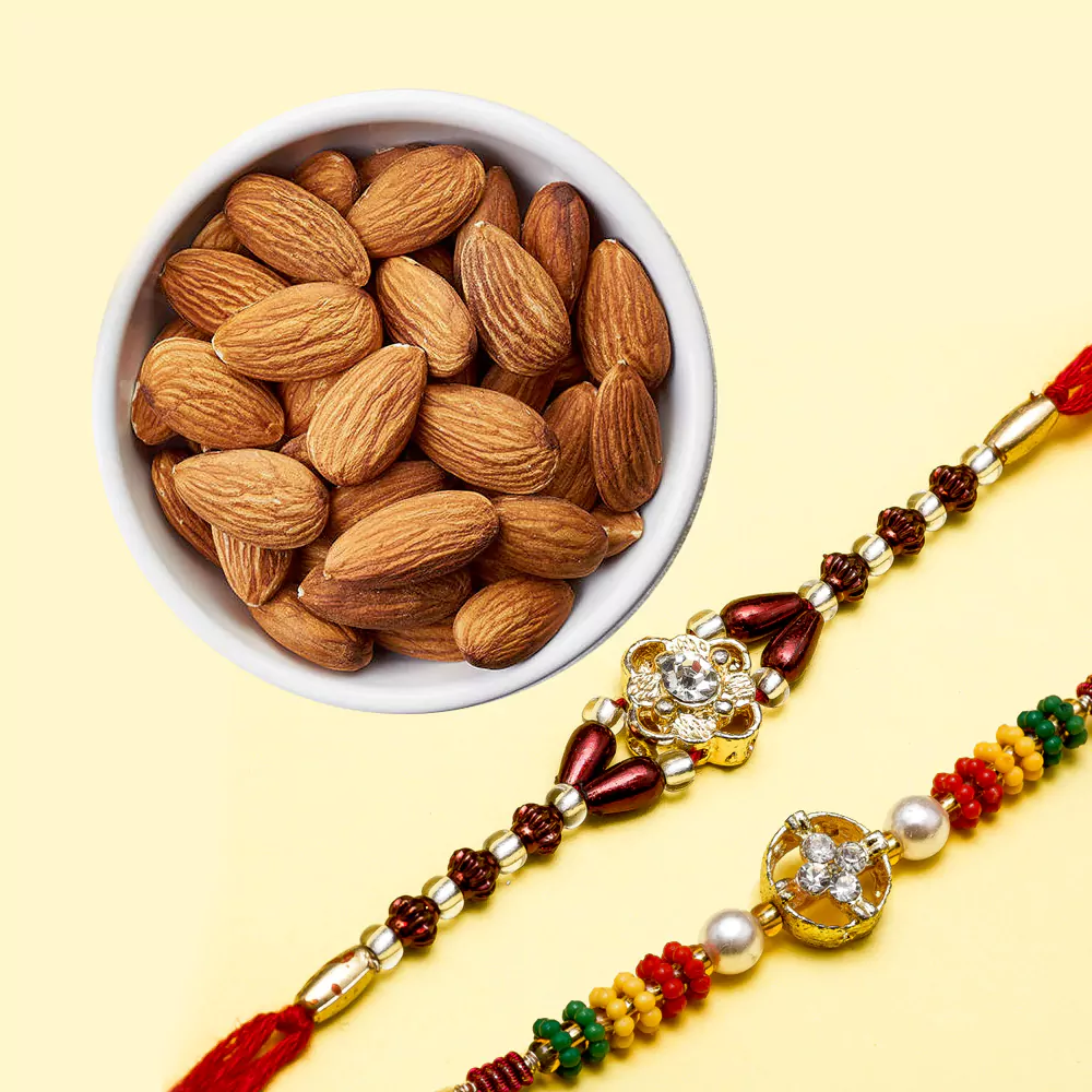 almonds box with two rakhi