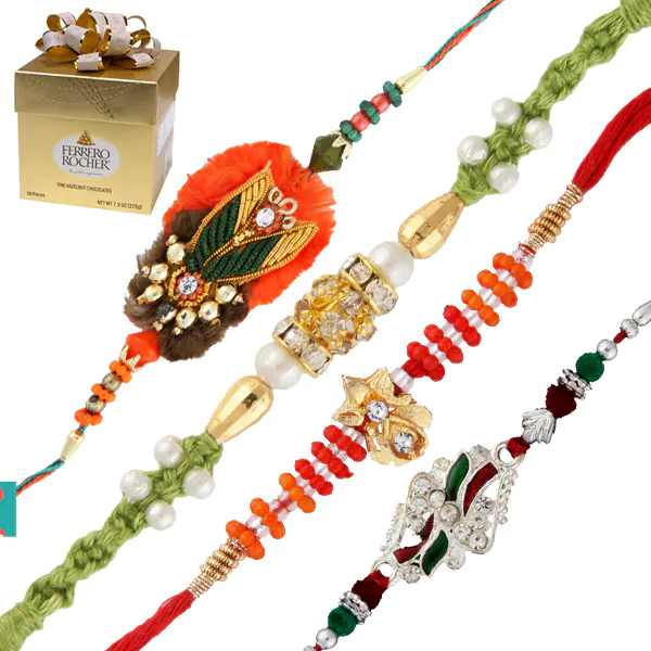4 Rakhi with Ferroro Rocher Hazelnut Chocolate USA Free Ship