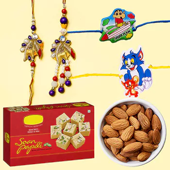 soan papdi 500 gm n almonds with 4 rakhi
