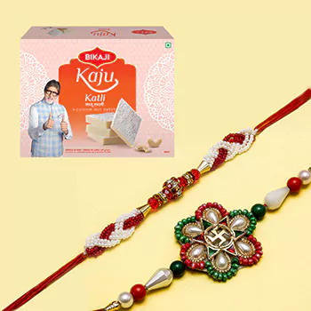 Red Diamond Pearl Rakhi And Swastik Flower Rakhi With Kaju Katli 500 gm